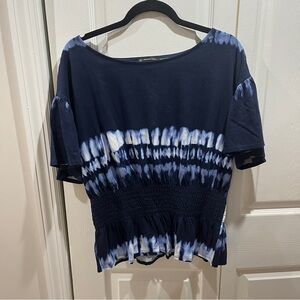 🩷 INC Cotton Blue Tie Dye Smocked Short Sleeve Top